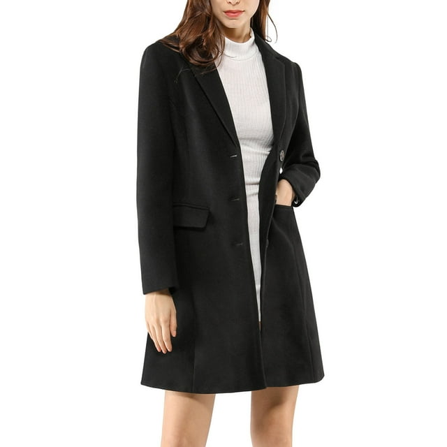 INSPIRE CHIC Manteau Long d'Hiver pour Femme à Revers Cranté, Manches Longues, Simple Boutonnage, Noir, m