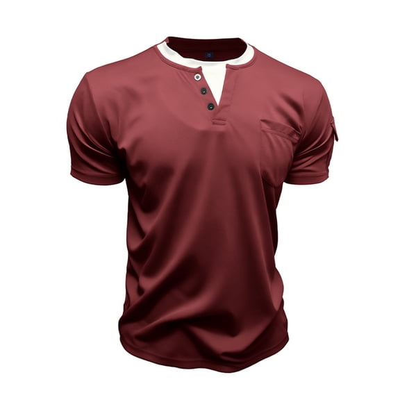 Men Tshirt Short Sleeve Crewneck Henley Shirt Loose Fit Red Tshirt with Button Work Shirts for Men