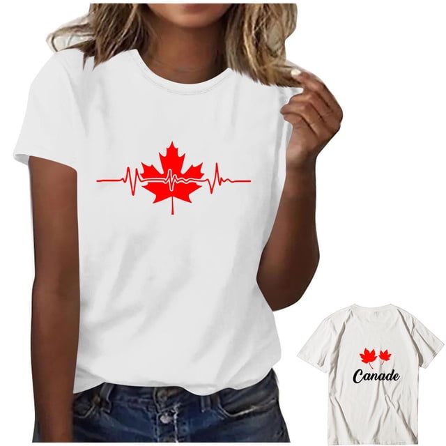 TaTaai Women Canada Day Maple Leaf Print T Shirt Front Back Print Crew Neck Short Sleeve Casual Fashion Top for Summer Daily Street Wear Gift