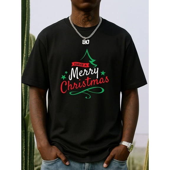 Merry Christmas Tee Christmas graphic t shirts t-shirts men's 180G 100% Cotton black Spring and summer clothing Everyday wear, suitable for the office, dates, and going out Comfortable loose T-shirt