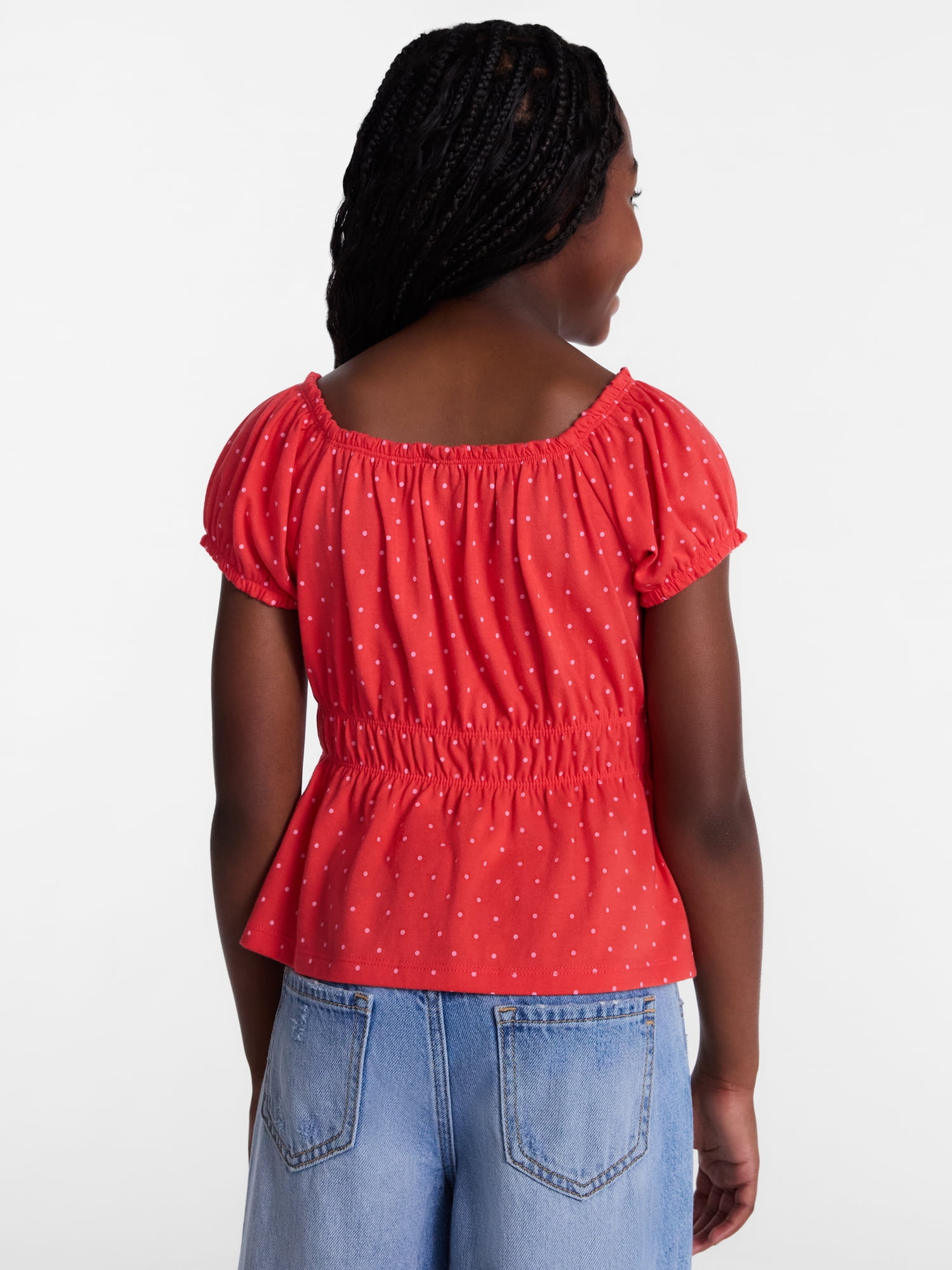 Wonder Nation Girls' Bow Front Peasant Top with Short Puff Sleeves, Sizes 4-18 & Plus