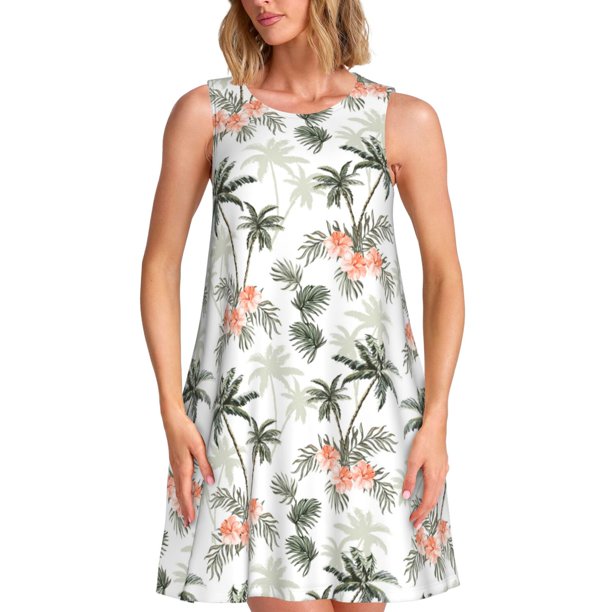Fotbe Vintage Palm Trees Vestido de Verano sin Mangas para Mujer – Vestido Midi Línea A, Estilo Camiseta Floral, Vestido Playero Casual y Fluido