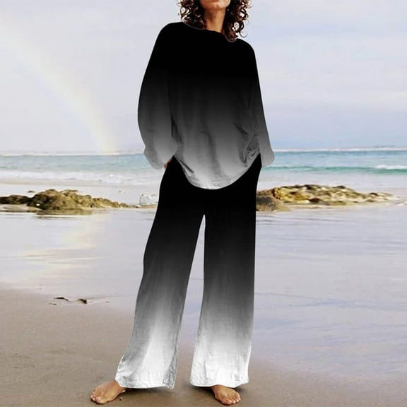 TrendVibe365 Matching Lounge Set Womens Soft Gradient Crewneck Long Sleeve Shirts and Wide Leg Long Pants Comfy Trendy Pajamas Lounge Set Loungewear Summer Outfits