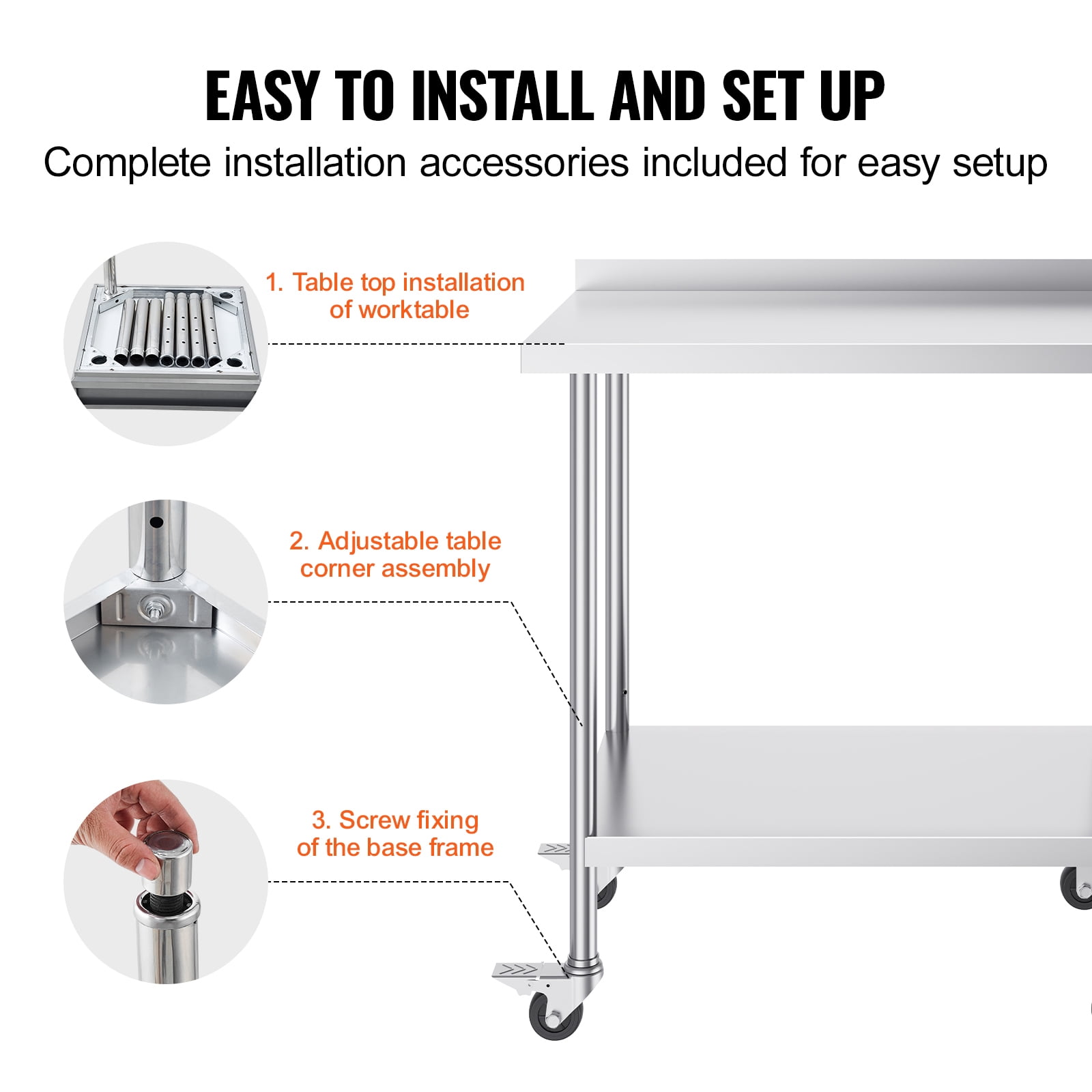 KFFKFF 24 x 36 x 40 Inch Stainless Steel Work Table, Commercial Food Prep Table with Wheels, Durable Metal Table with Adjustable Height for Kitchen, Home, and Hospitality Use