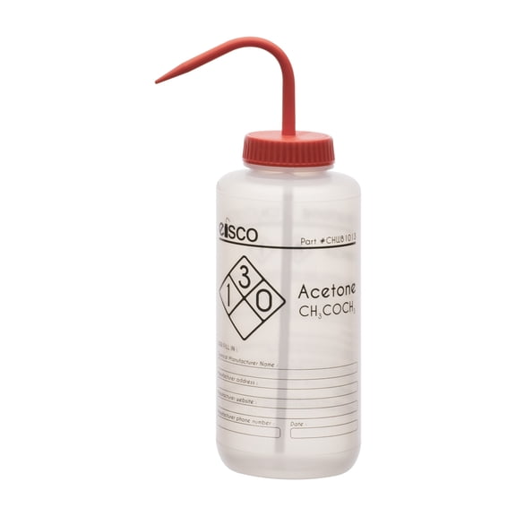 Wash Bottle for Acetone, 1000ml - Labeled with Chemical Information & Safety Information (1 Color) - Wide Mouth, Self Venting, Low Density Polyethylene - Performance Plastics by Eisco Labs