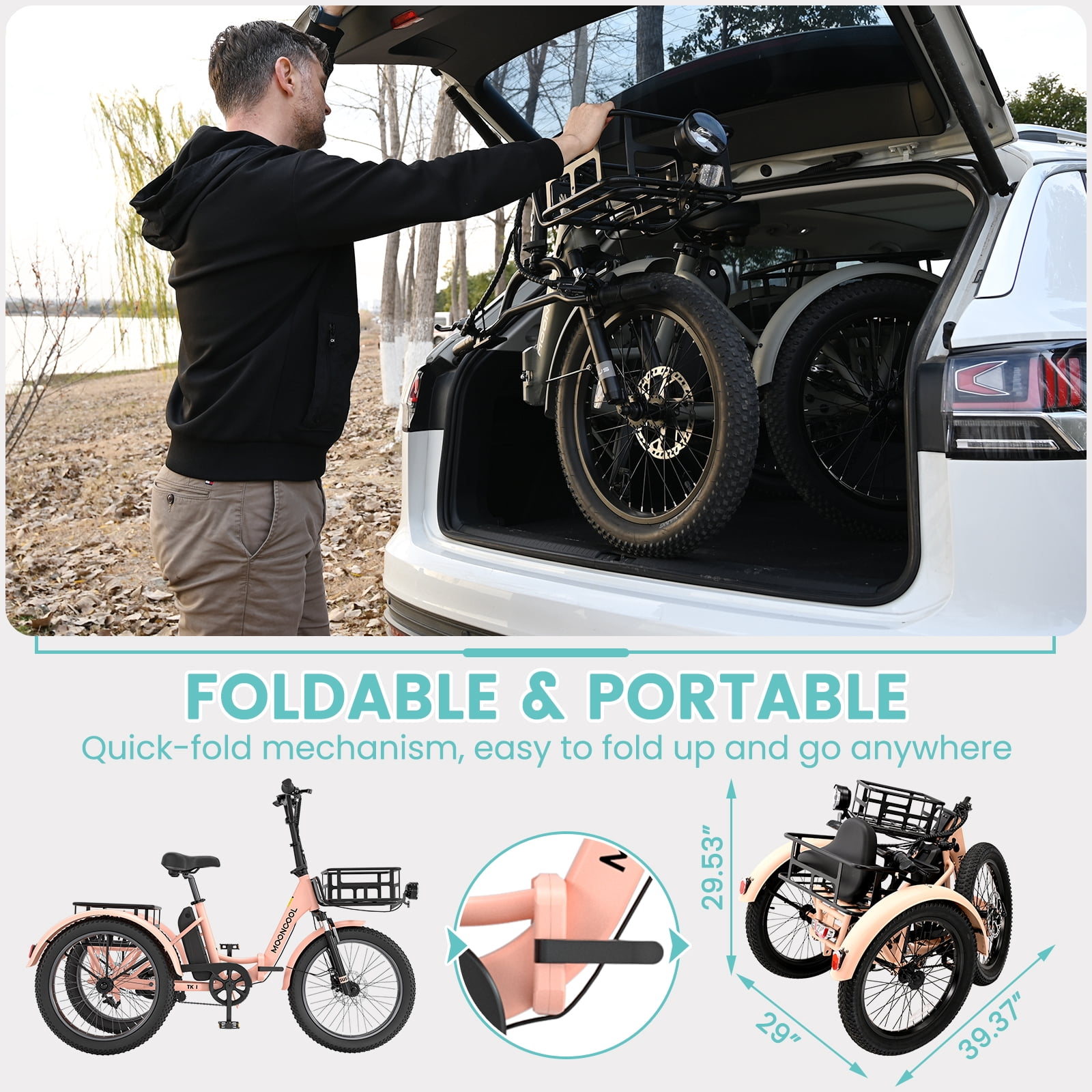 Lilypelle  Folding Electric Tricycle for Adults, Peak 1000W Motor 48V Foldable Ebike Electric Trike, 20" Fat Tire 3 Wheel Electric Bicycle with Front & Rear Baskets & Pet Carrier