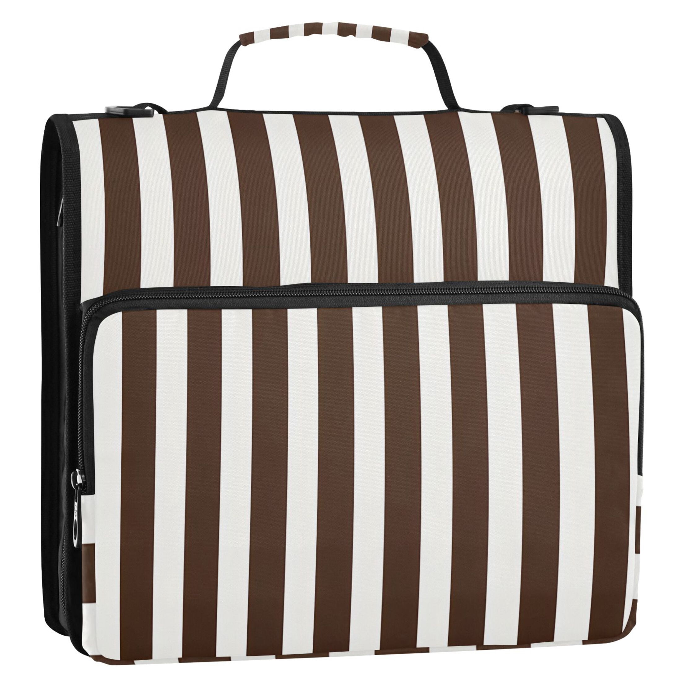 3 Ring Zipper Binder with Shoulder Strap Waterproof Trapper Keeper 2 Inch D-Ring 500 Sheets Capacity Dark Brown and White Striped