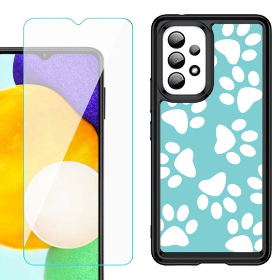Shockproof Bumper (Black Frame) phone Case for Samsung Galaxy A23 5G, with Tempered Glass Screen Protector, by OneToughShield ® - Pet Paw / Teal