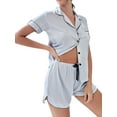 thumbnail image 4 of DcoolMoogl Womens Satin Pajama Set Summer Short Sleeve Heart Embroidery Button Shirt + Shorts 2 Piece Pjs Set Loungewear Grey S, 4 of 6