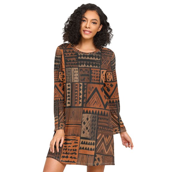 FORMRS Womens Long Sleeve Nightgowns Crew Neck Sleep Shirt Soft Pajamas Sizes S-3XL, Abstract Tribal Pattern