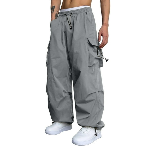 Caqnni Men's Baggy Sweatpants Parachute Pants Wide Leg Y2k Track Pants Cargo Joggers Cyber Streetwear (Grey,L)