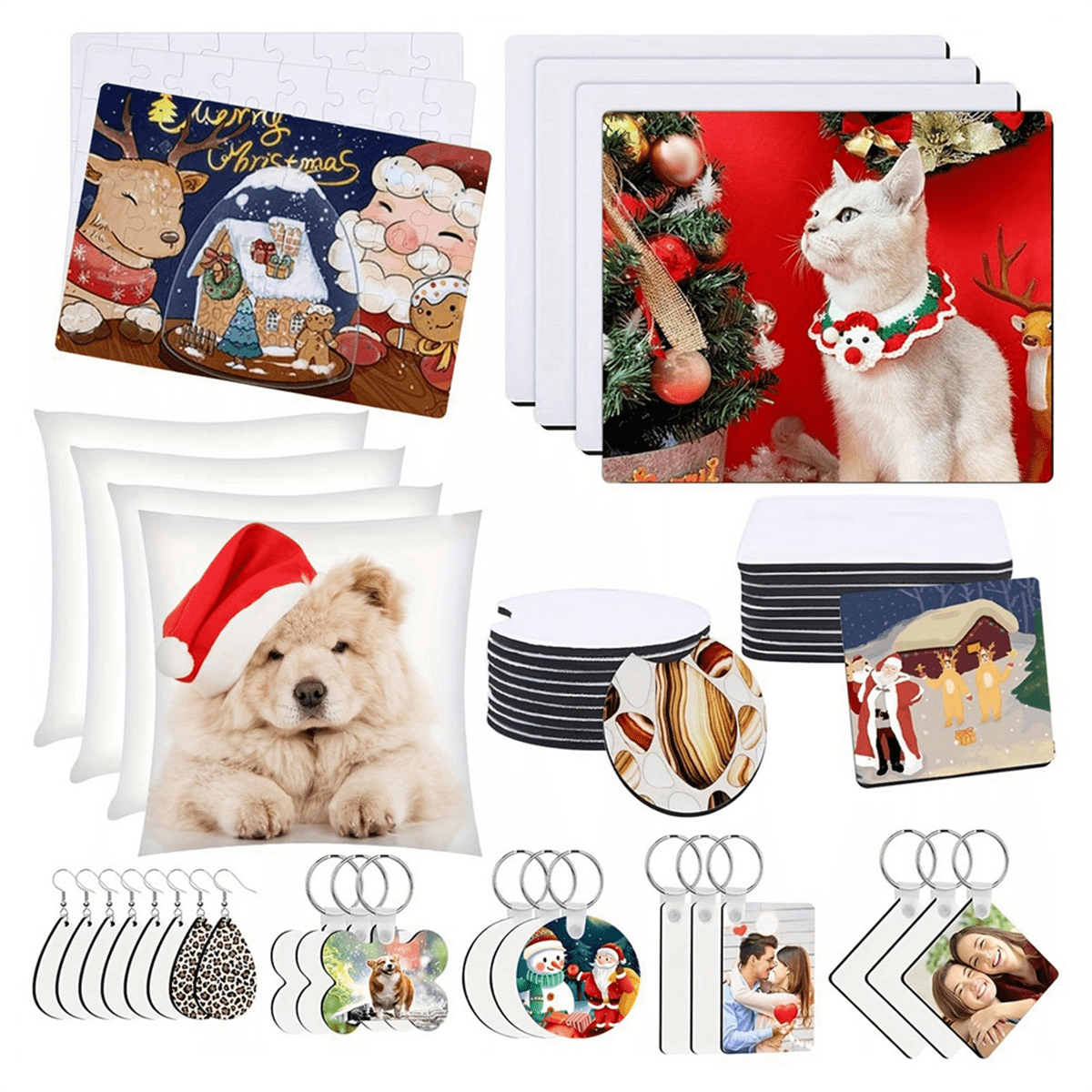 82PCS Sublimation Blanks Products Set, Christmas Craft Sublimation Kit DIY Heat Printing Pattern Craft