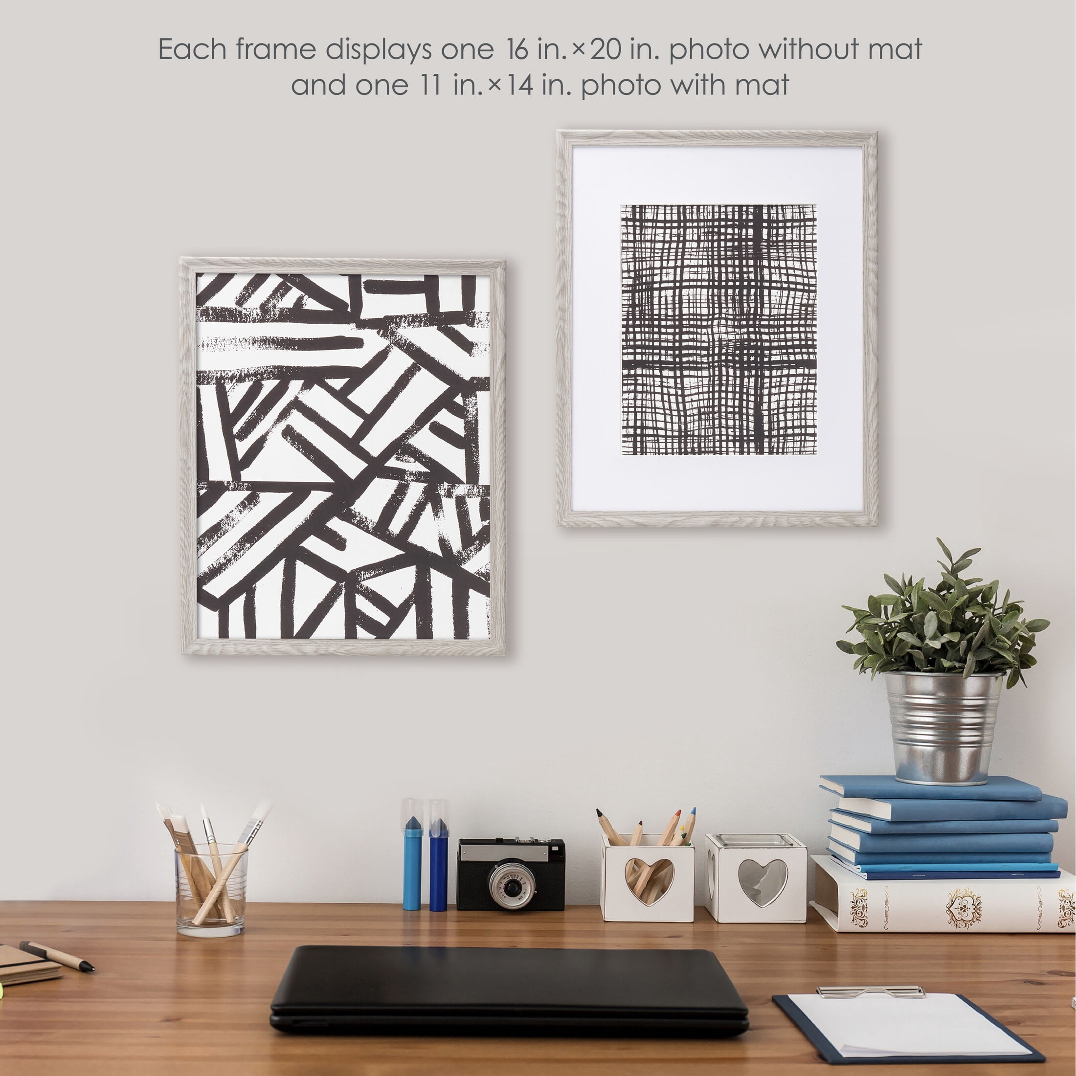Melannco Set Of Two Gray Wood Photo Frames To Hold 16X20 Photo Without Mat And 11X14 Photo With Mat