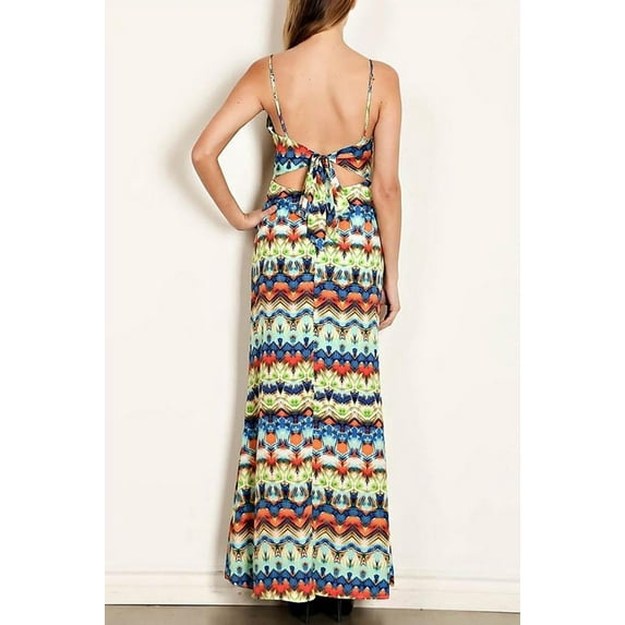 Bright Tribal Print Womens Woven Fashion Maxi Dress w/Open Back - Small