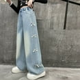 thumbnail image 4 of Teen Girls Wide Leg Jeans Soft Denim Elastic Waist Baggy Side Bow Knot Split Hem Trousers for Streetwear Party Fashion Clothes, 5T-15Y, 4 of 9