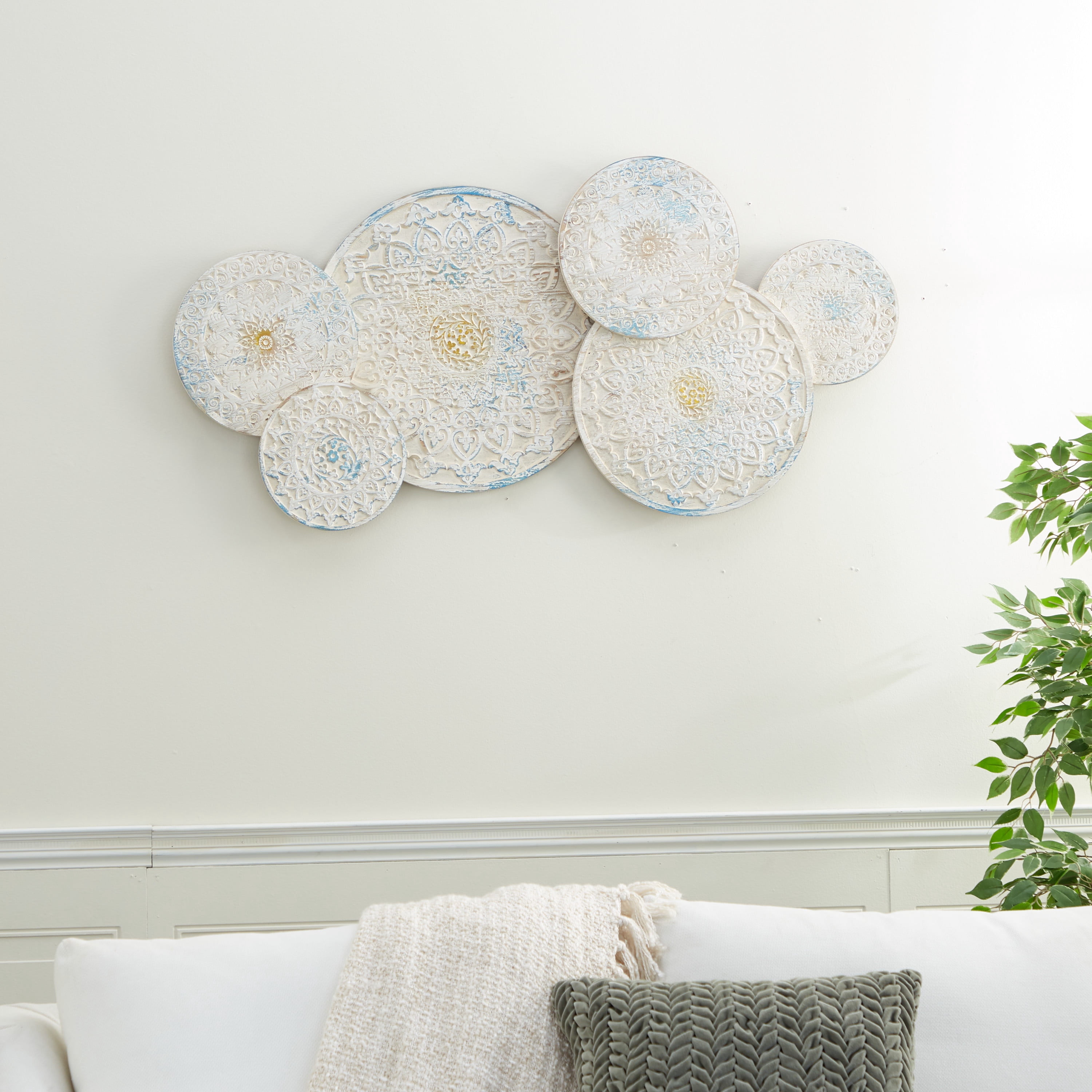 DecMode White Wood Intricately Carved Floral Wall Decor with Mandala Design