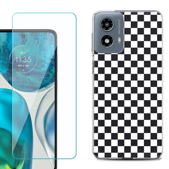 Phone Case for Motorola Moto G 5G 2024, with Tempered Glass Screen Protector, by OneToughShield - Checker B/W