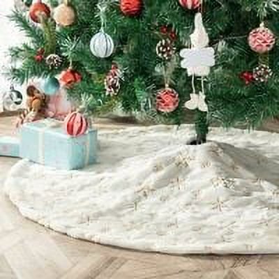 Falda para árbol de Navidad, alfombra de piel sintética con bordado de copo de nieve, decoración para árbol de Navidad, color dorado, 90cm
