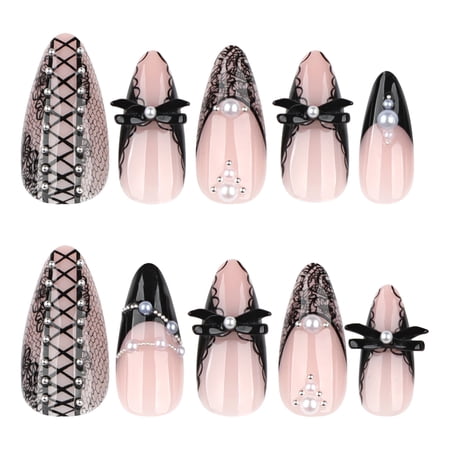 Black and Nude Pink Long Stiletto Press on Nails, Bow Glossy Fake Nails with Pearl Accents, 24 Count