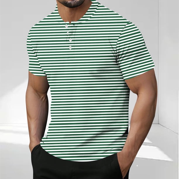 Blusas y camisas de manga corta y cuello redondo para hombre, blusa informal de poliéster de color liso con botones y cuello redondo a la moda para hombre.