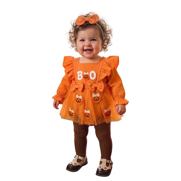 2 Pcs Infant Girl Halloween Outfit Ruffle Long Sleeve Neck Pumpkin/Ghost Embroidery Romper Dress and Headband Set