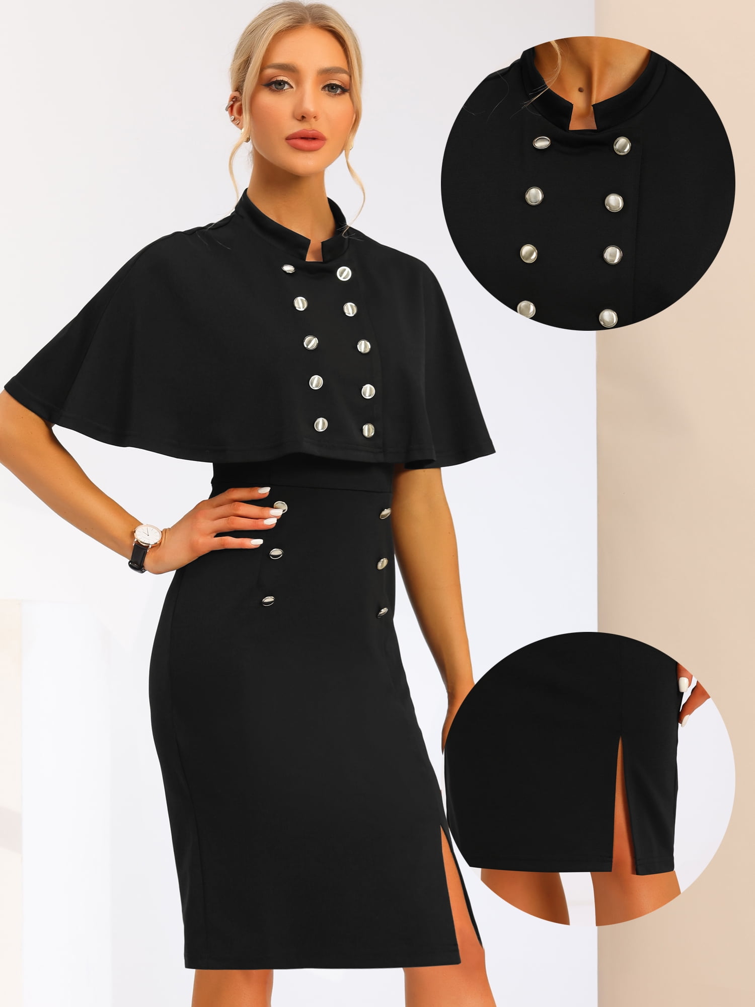 DARING DIVA Elegant Double Breasted Two Pieces Cape and Dress Sets S Black