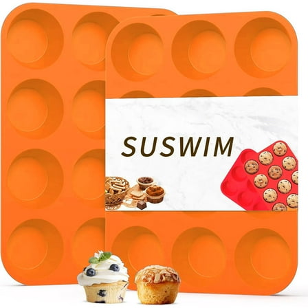 SUSWIM 2 Pack Silicone Muffin Pan & Cupcake Pans for Baking - 12 Cup Regular Size Egg Bites Molds （0range）