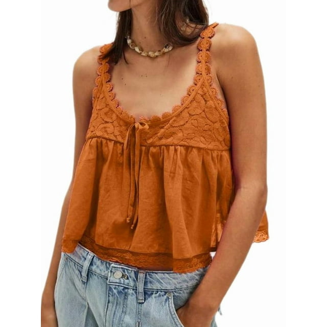 Débardeur en Dentelle pour Femmes Y2k à Nouer devant Semi-Transparent Court Mignon Sans Manches Col Rond Chemise Fluide Marron Clair P