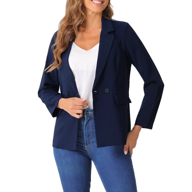 BLAZER DE OFICINA CHIC PARA MUJERES INSPIRADORAS, CHAQUETA DE TRAJE DE MANGA LARGA, TAMAÑO M, AZUL MARINO