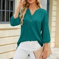 thumbnail image 5 of ATOYSOY Trendy Solid Color Tops Casual Elegant Outwear Fall V Neck Button Pullovers Loose Ribbed Shirts for Women 3/4 Sleeve Business Tees Blue M, 5 of 8