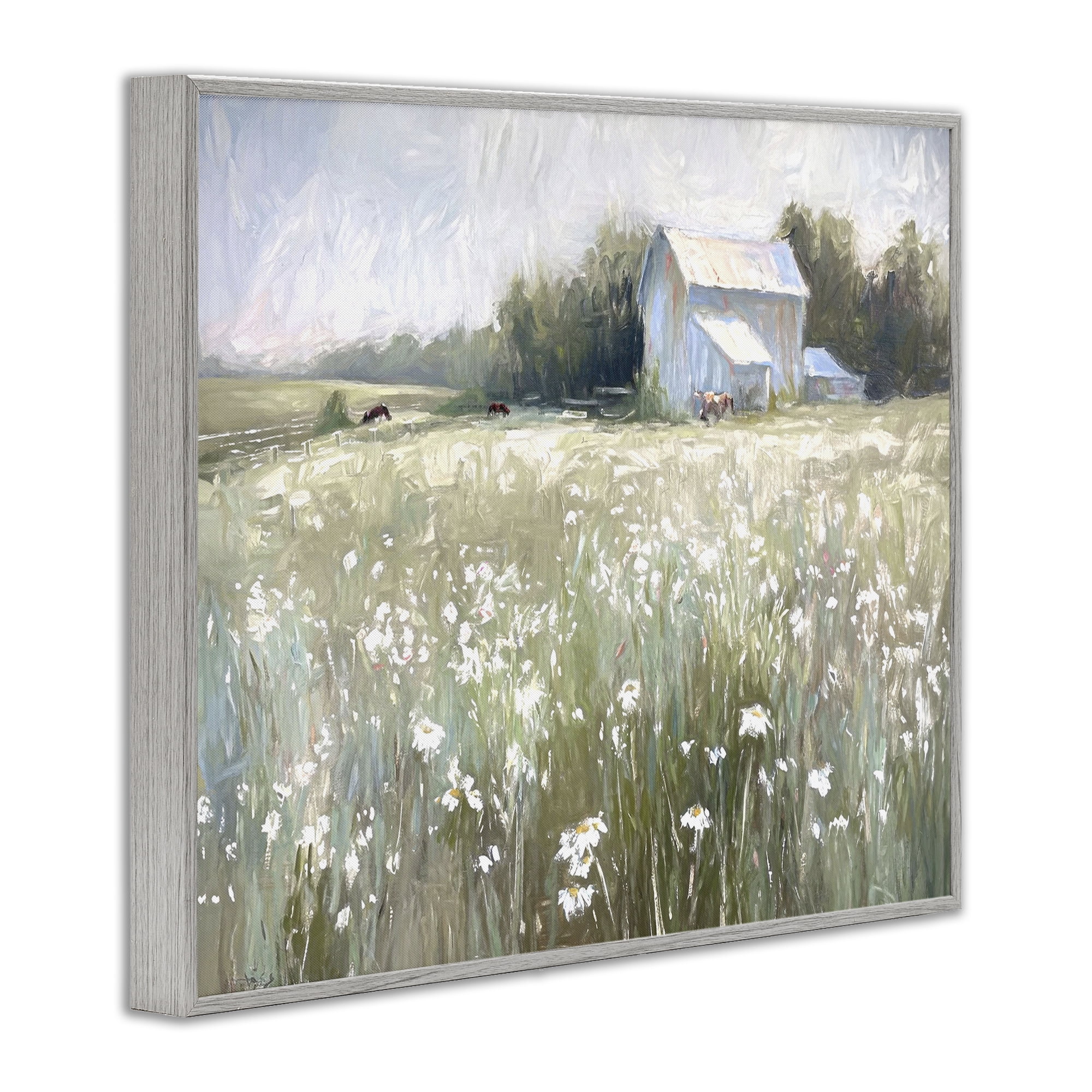 Stupell Industries Peaceful Pasture Meadow Landscape Painting Gray Framed Art Print Wall Art, 30 x 24