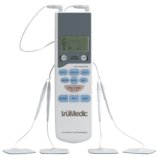 Unidad de pulso electrónico TENS TruMedic con 4 electrodos: para rigidez, dolor muscular, molestias y dolores. Ideal para relajar músculos y nervios tensos y para el manejo del dolor mediante electrot