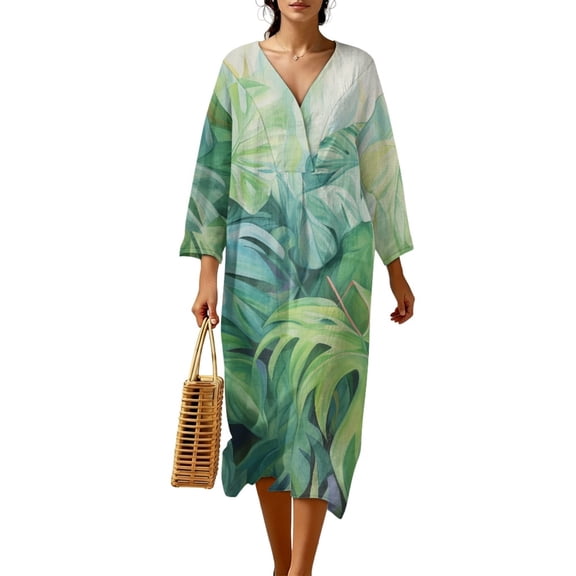 DISNIMO Women's Summer Maxi Dresses Monstera Print Long Shift Dress Casual Loose Dress 3/4 Sleeve V Neck Midi Dresses for Women, S