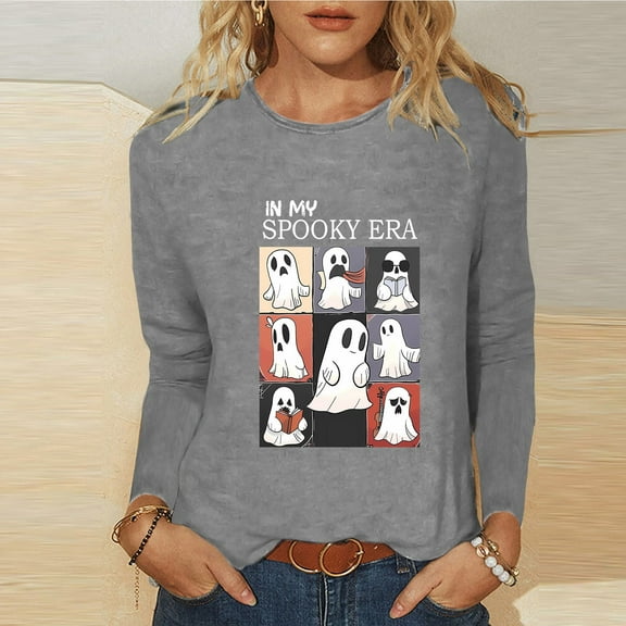CLOISE Halloween Tops for Women Trendy Halloween Ghost Graphic Shirts Long Sleeve Crewneck Blouses Basic Loose Comfy Tees Boo Festival Clothes Gift
