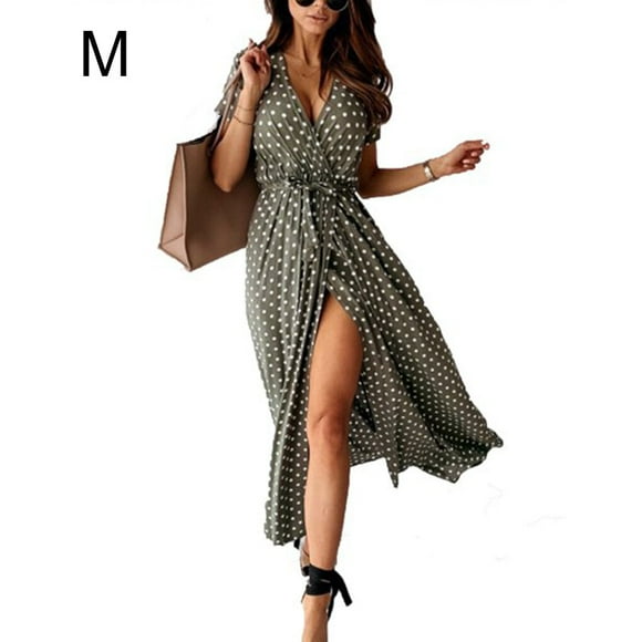 facefd Women Dots Printed Split Hem Wrapped V Neck Short Sleeves Bohemian Beach Maxi Dress