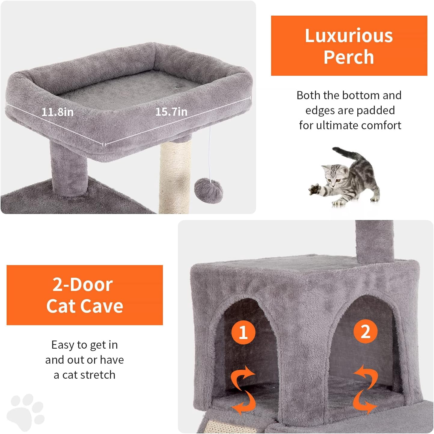 Dkelincs 36 inch Cat Tree Tower with Scratching Post & Dual Condos, Multi-Level Cat Furniture Condo Kittens House with Ramp, Perch & Hanging Ball, Ashy