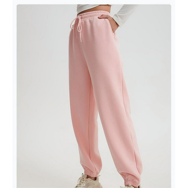 Women Solid Color Pants Adjustable Drawstring Joggers Sweatpants Basic Plus  Size Trousers (Medium, Pink)