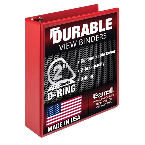 Durable 2 inch 3 Ring Binder, Made in USA, D 100% Recycled Chipboard, Red