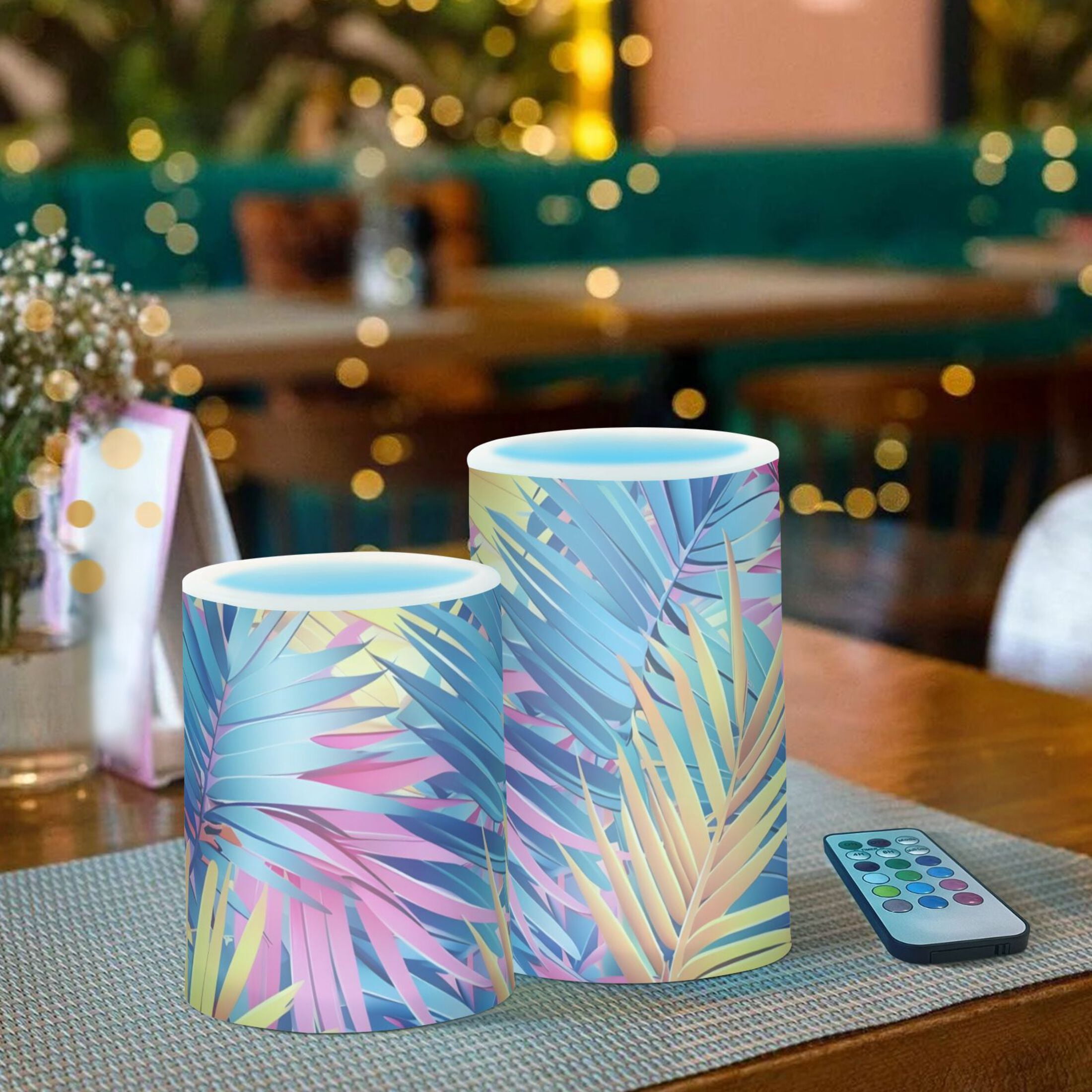 Colorful Tropical Palm Leaves Flickering Flameless LED Candles set of 2 Battery Operated 18-Key Remotes Timer Halloween Fall Decor D3''xH4''5''