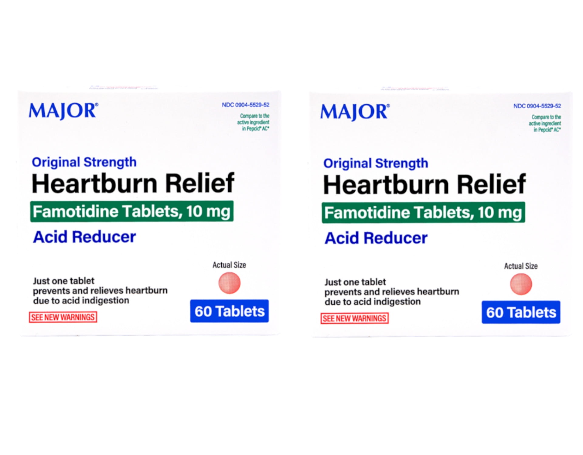 Major Heartburn Relief Tabs Famotidine-10 MG, Pink, 60ct, 2-Pack