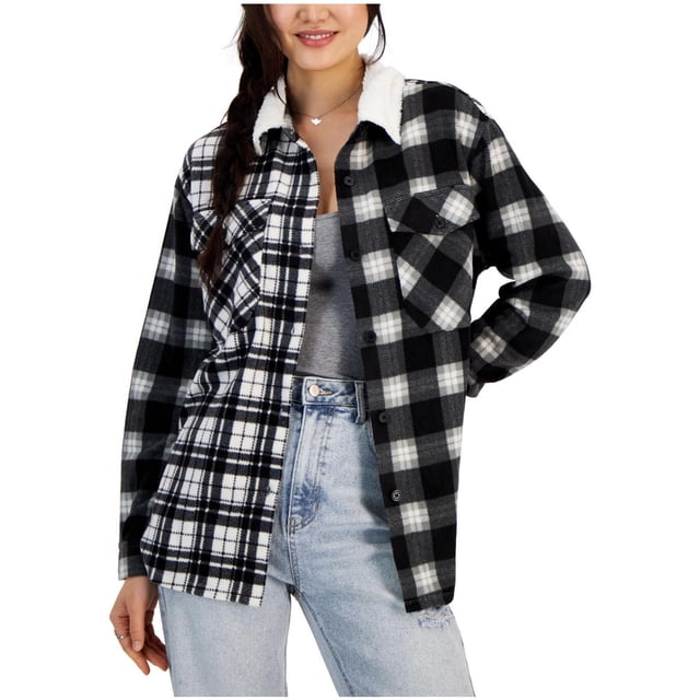 JUST POLLY Womens Plaid Polar Fleece Jacket, Black, Juniors, Small
