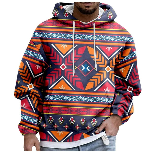 VBARHMQRT Orange Sweatshirt Men African Wind Long Sleeve Prints Warm Hoodie Pullover Tops Sweat