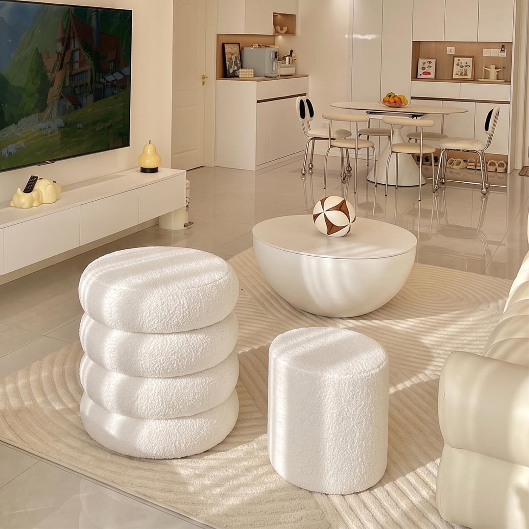 Round Ottoman 16.5 Inch, Storage Stool with Removable Lid for Living Room and Bedroom, Set of 2 Vanity Stools and Foot Rest, Beige