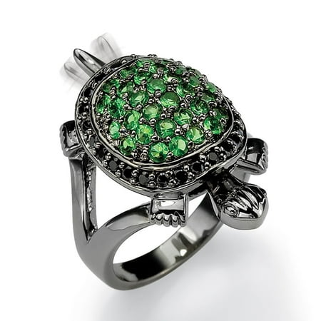 52 Step Down Ring - .52 TCW Black Cubic Zirconia and Green Crystal Black Rhodium-Plated Turtle Ring