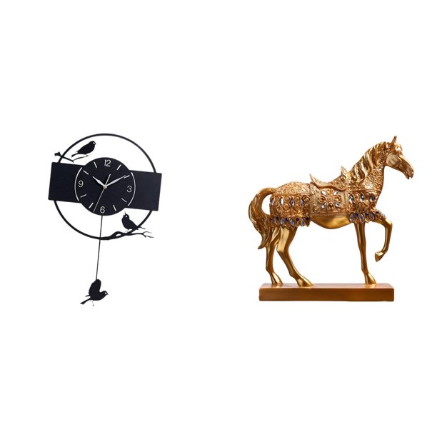 Reloj de pared,Reloj de pared colgante con forma de pájaro,de acrílico negro.,Reloj de pared decorativo con péndulo oscilante,Estatuas de caballos,Estatuas de caballos Figura de caballo
