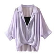 thumbnail image 2 of Dyfzdhu Chiffon Blouses for Women Dressy Casual Trendy Turn-down Collar Solid Short Batwing Sleeve Shirt Tops Purple, 2 of 3