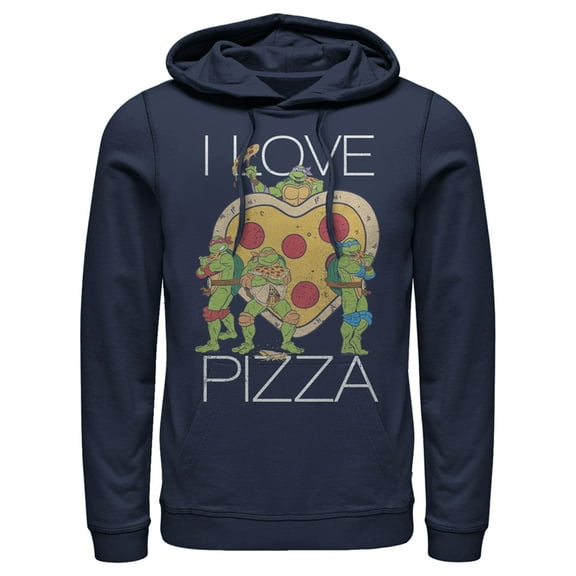 Men's Teenage Mutant Ninja Turtles I Love Pizza Heart Pull Over Hoodie Navy Blue X Large