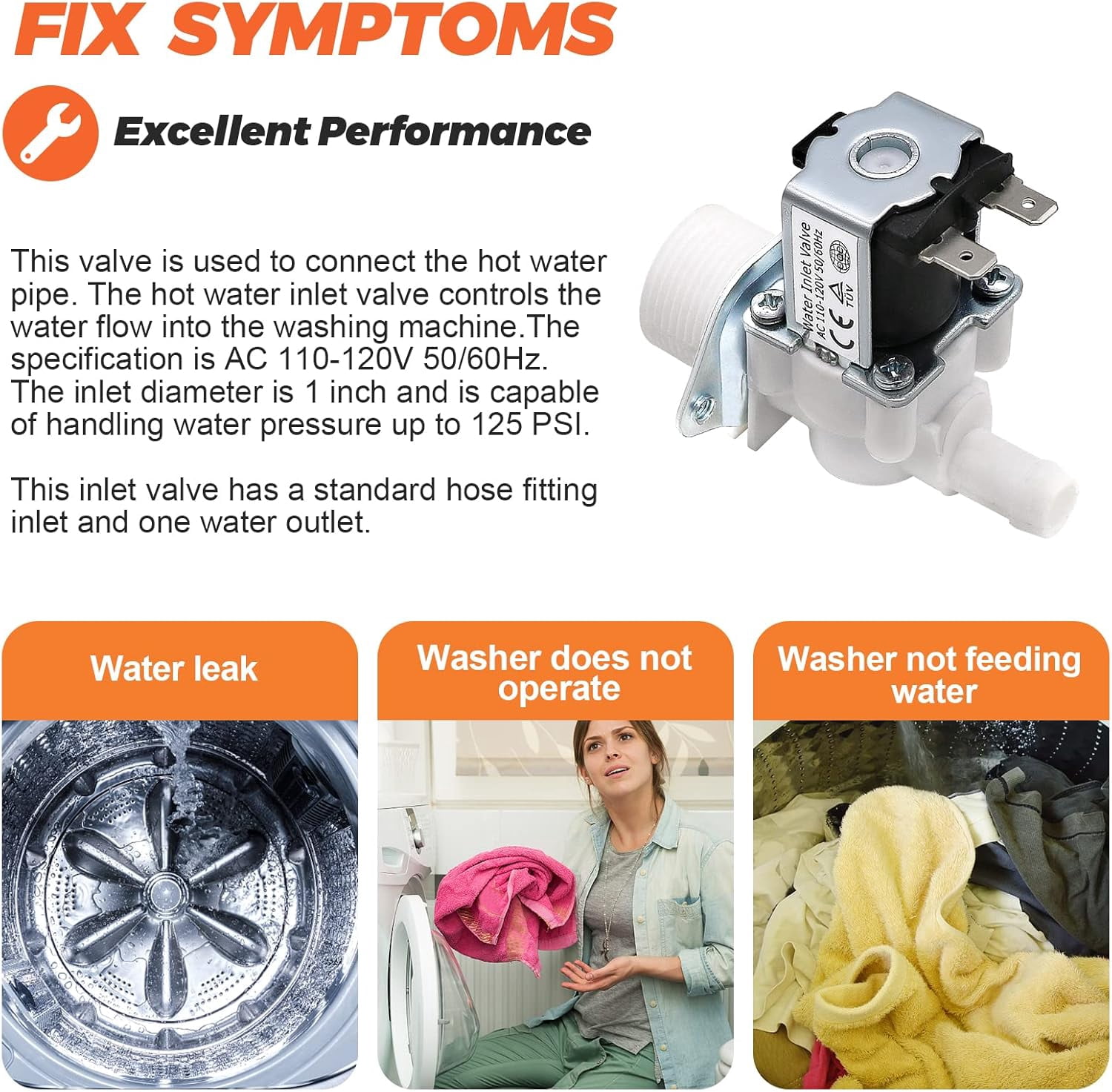 5220FR2006H Washer Hot Water Inlet Valve Replacement Parts AC 110 120V Compatible with LG Kenmore Elite AP4441935