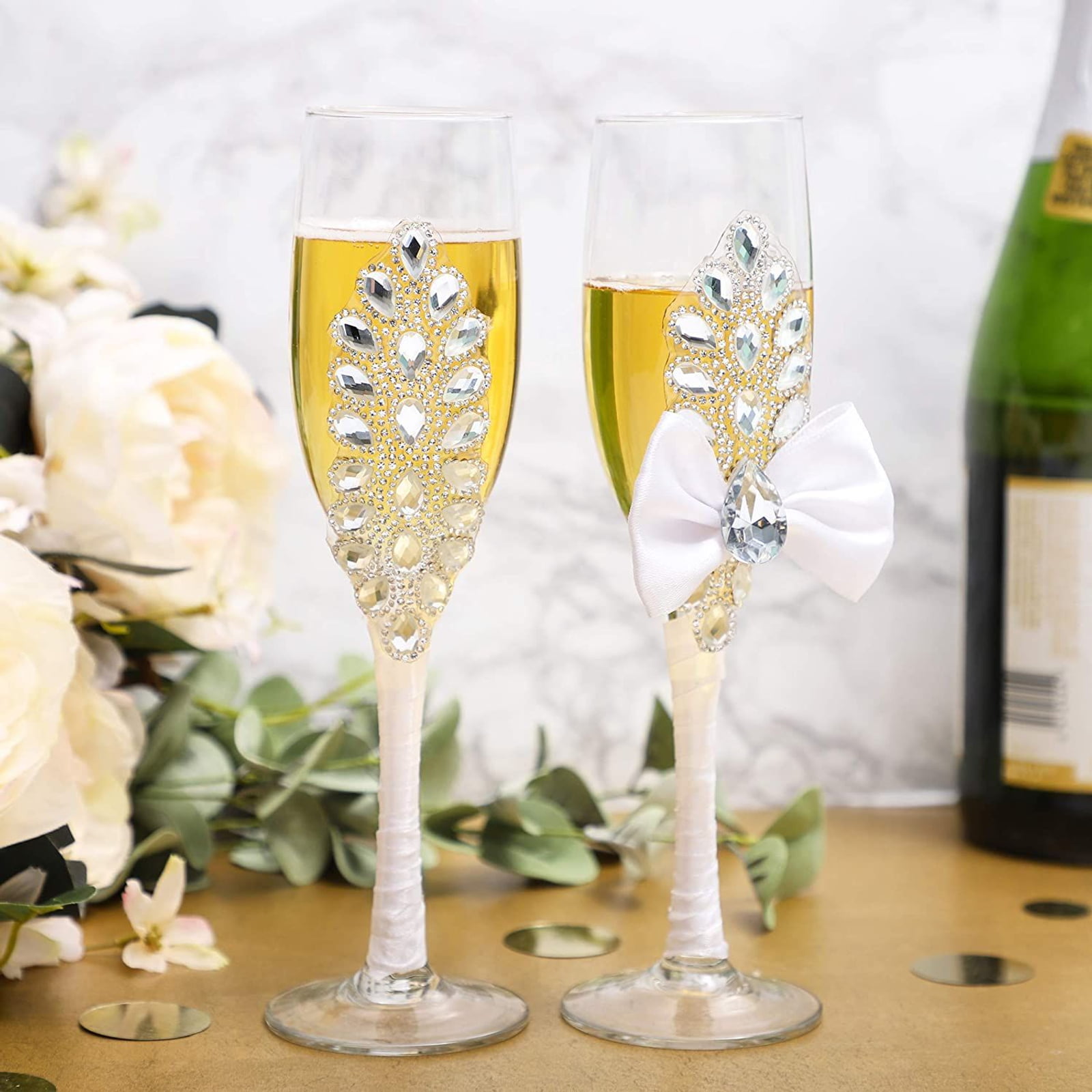 Glasseam Wedding Champagne Flutes Set of 2 Silver Toasting Glasses for  Bride and Groom