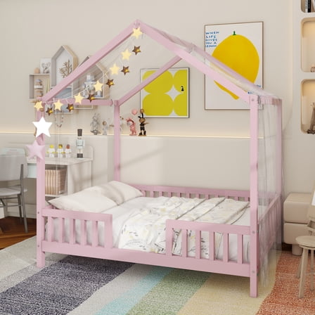 Montessori Floor Bed with Canopy, Full Bed Frame for Kids, House Shape Toddler Bed Frame with High Railings, Wood Kids Bed with Roof, Kid Full Bed, Pink